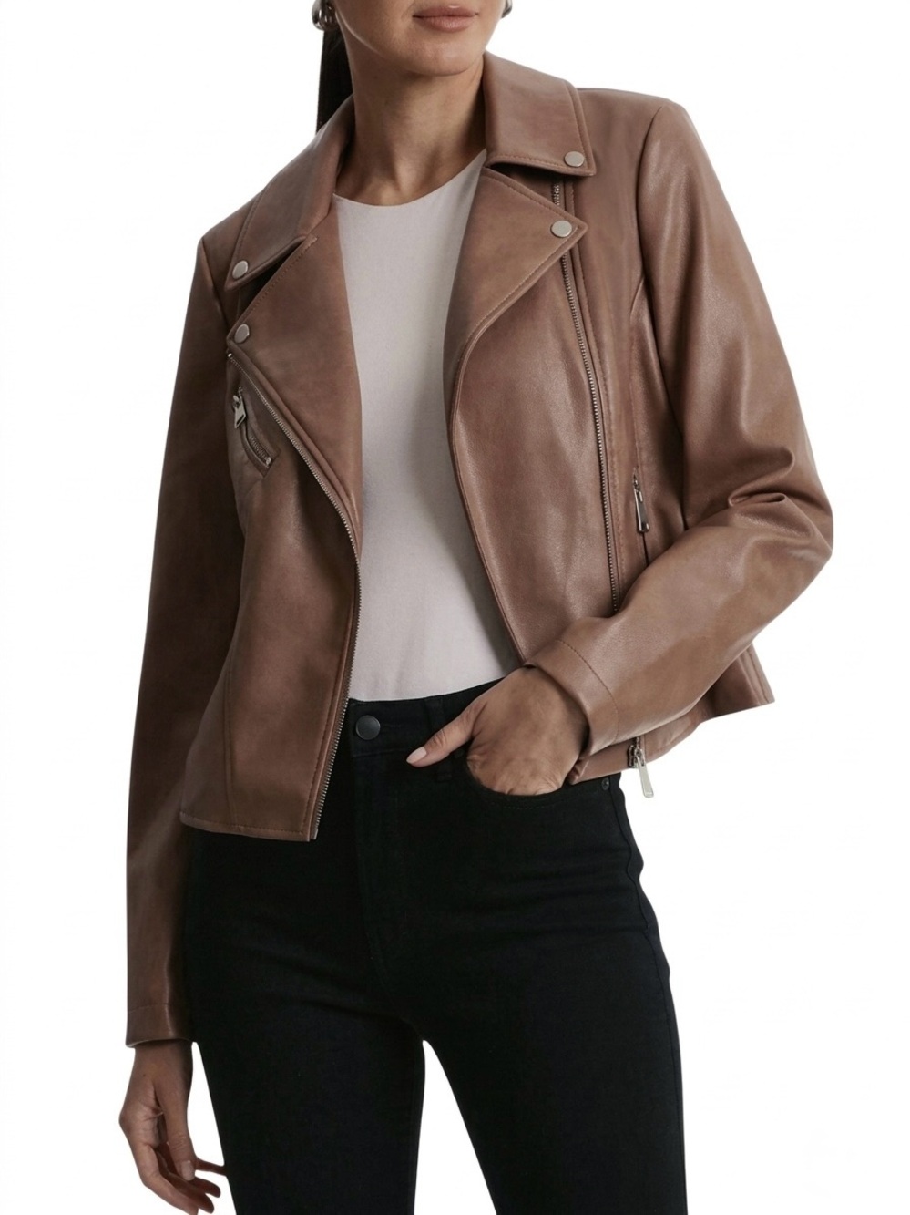Bagatelle NYC Brown Faux Leather Asymmetrical Moto Jacket biker small NWT